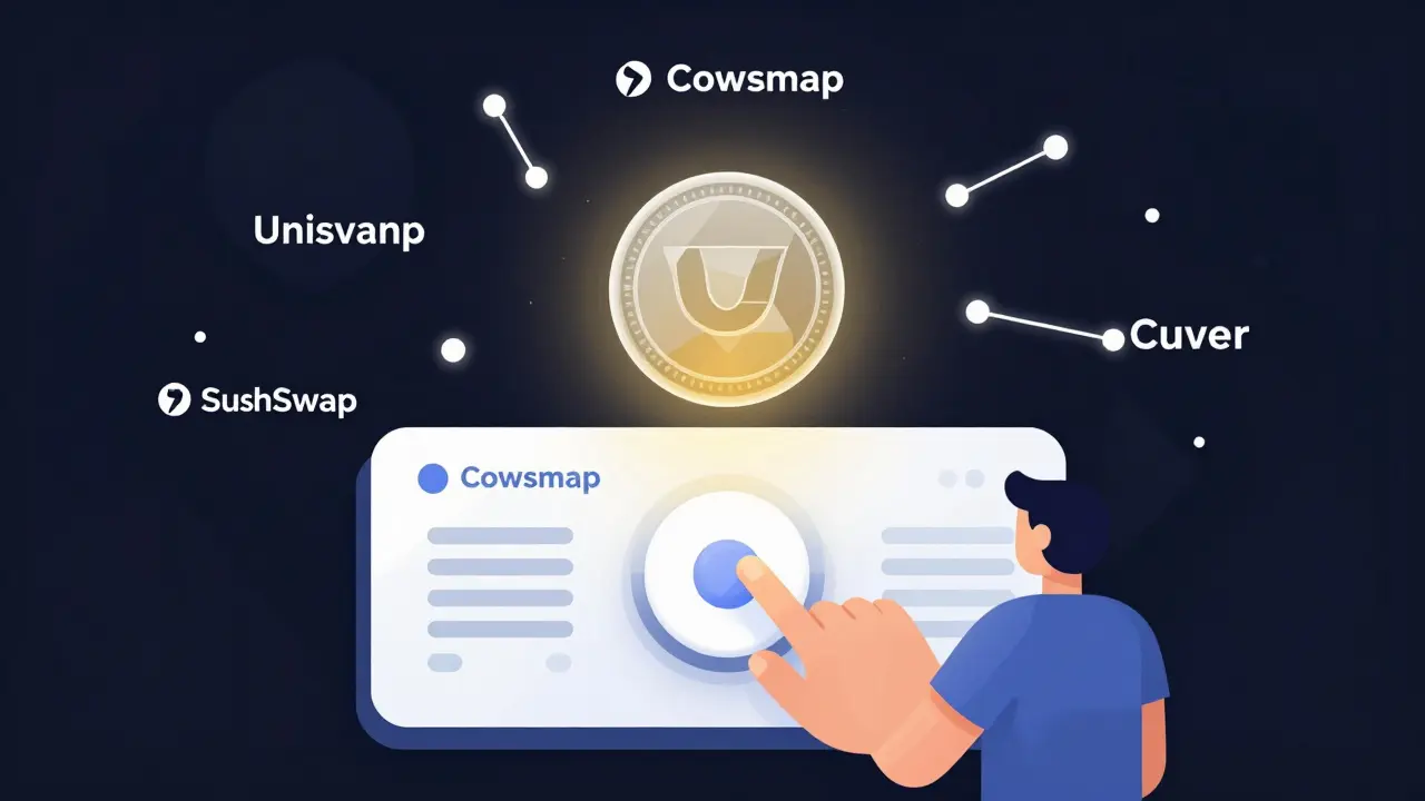 Minimalist CowSwap interface with DEXs radiating outward and a glowing COW token above.