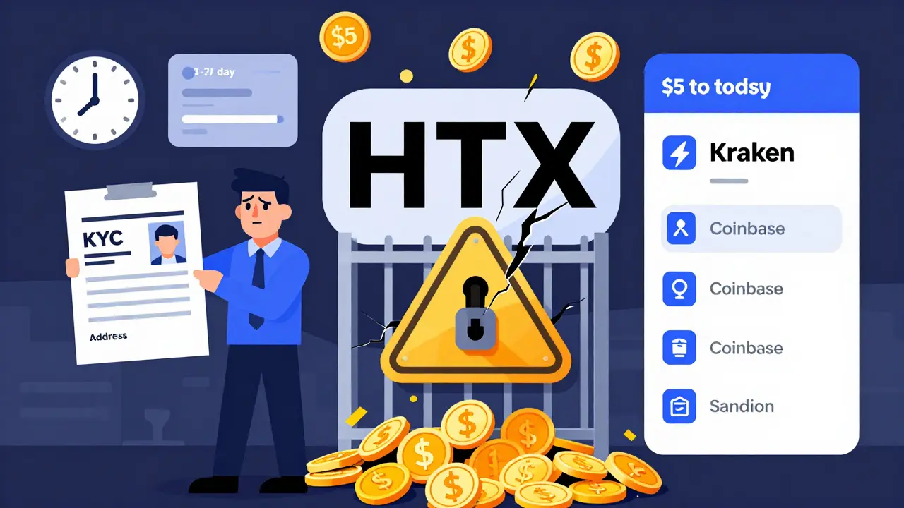Split-screen comparison: HTX's slow KYC process vs. faster alternatives, with withdrawal fee warnings