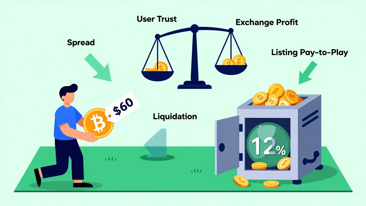 Split-screen view of user withdrawal fees versus exchange lending profits, with hidden fee labels and a balanced scale.