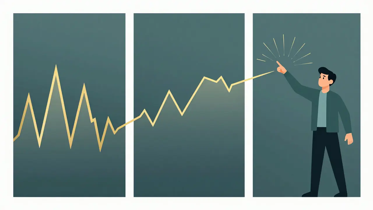 Three-panel geometric view showing chaotic price, smoothed moving average, and price bouncing off support.