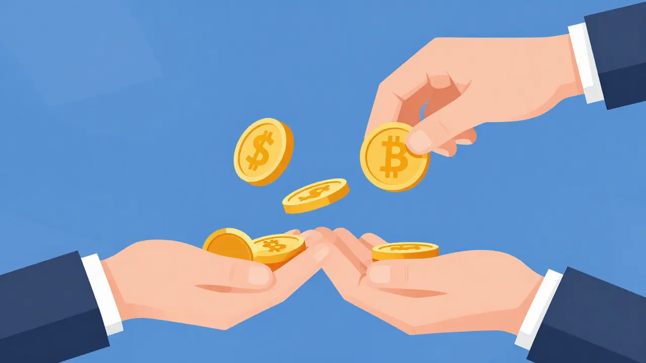 Two hands exchanging crypto coins without escrow security