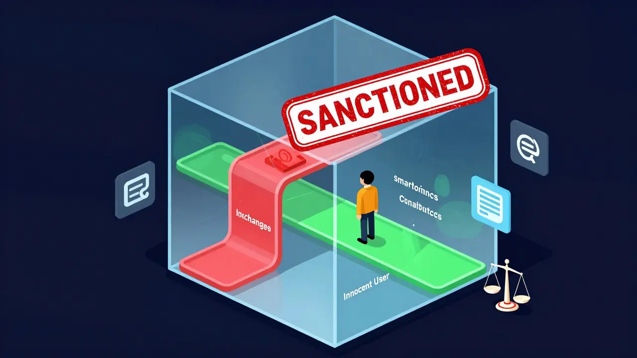 A blockchain cube showing stolen funds being cleaned, while a sanctioned stamp looms and an innocent user is caught in the system.