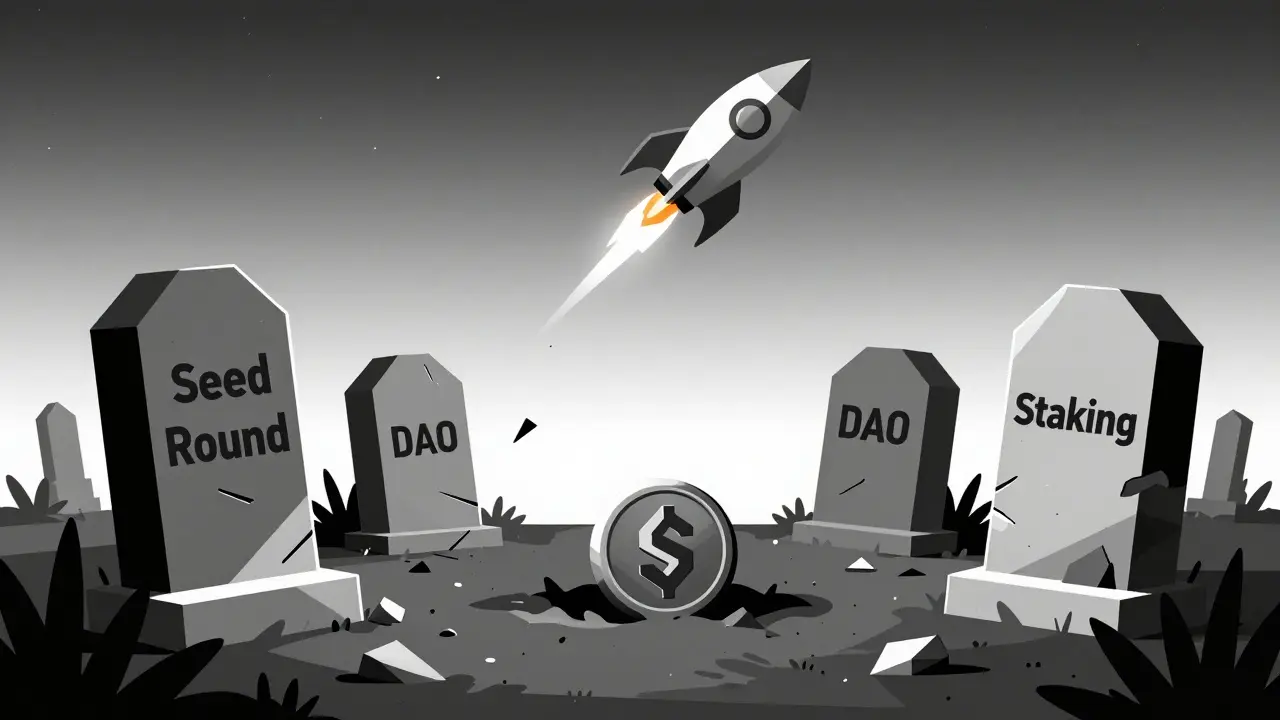 A blockchain graveyard with fallen tokens and broken project signs under a dying rocket trail.