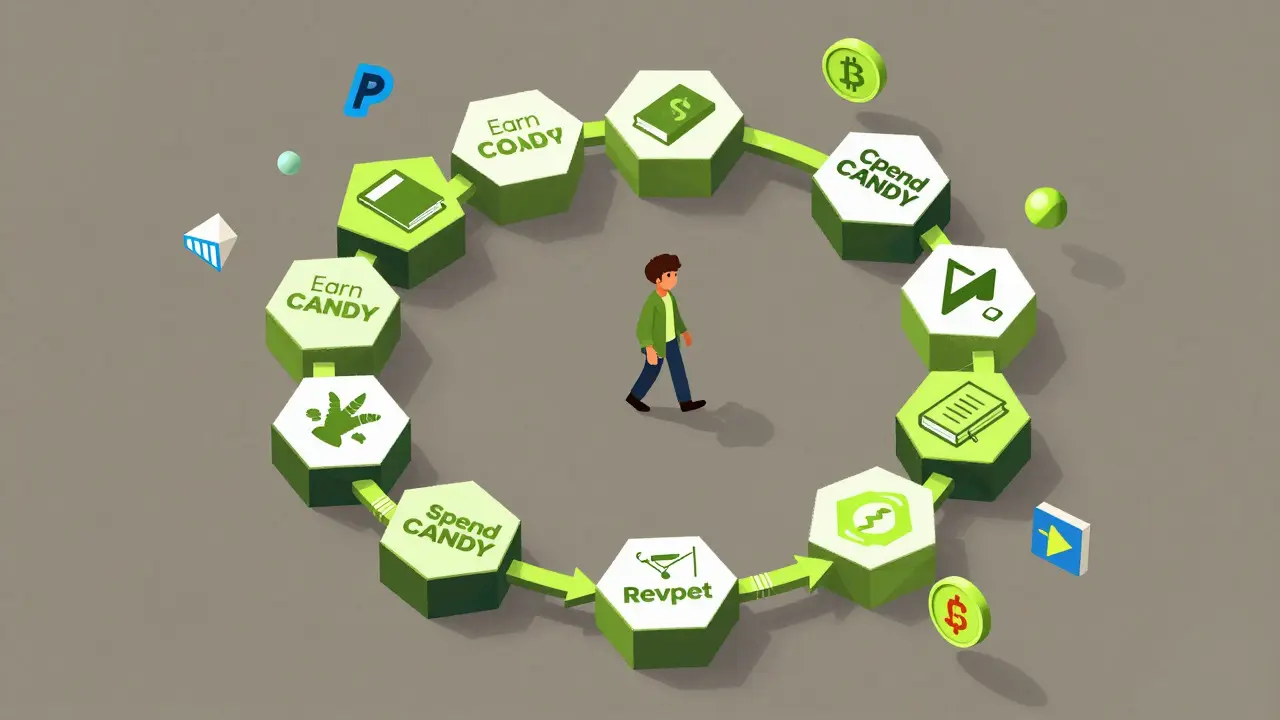 A circular path of hexagons illustrating how users earn and spend CANDY tokens, with traveler and payment symbols along the loop.
