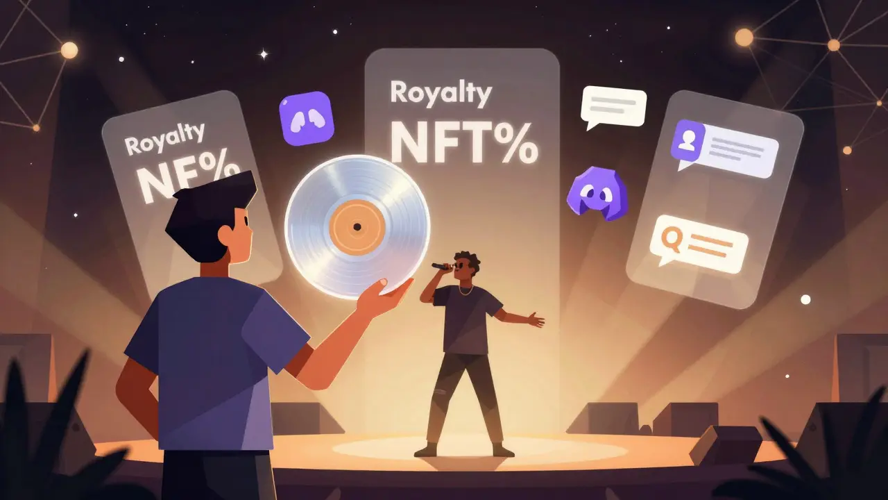 A fan holds an NFT record at a concert, with floating panels showing royalty and community features.