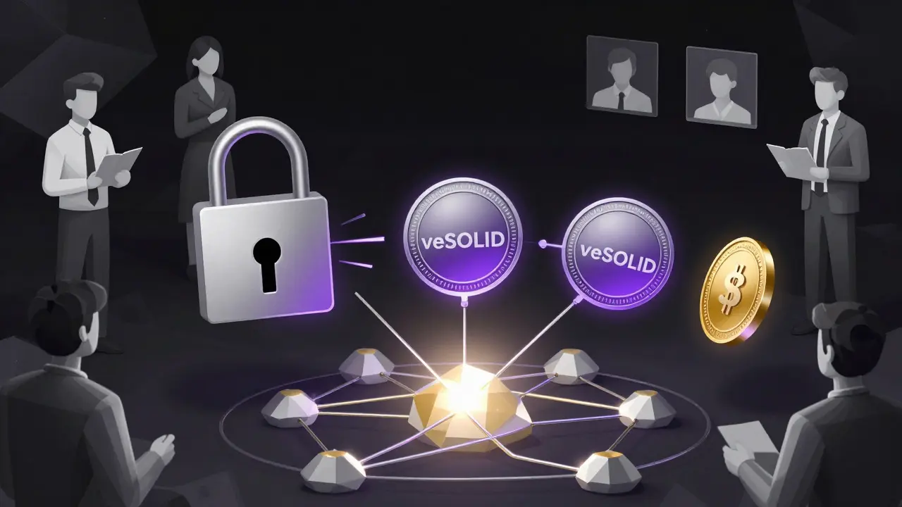 A locked SOLID token transforming into three veNFTs being traded, used as collateral, and held separately.