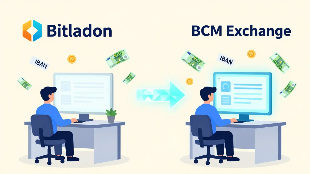 A seamless transition from Bitladon to BCM Exchange with identical users, euro symbols, and coin icons connected by a glowing arrow.