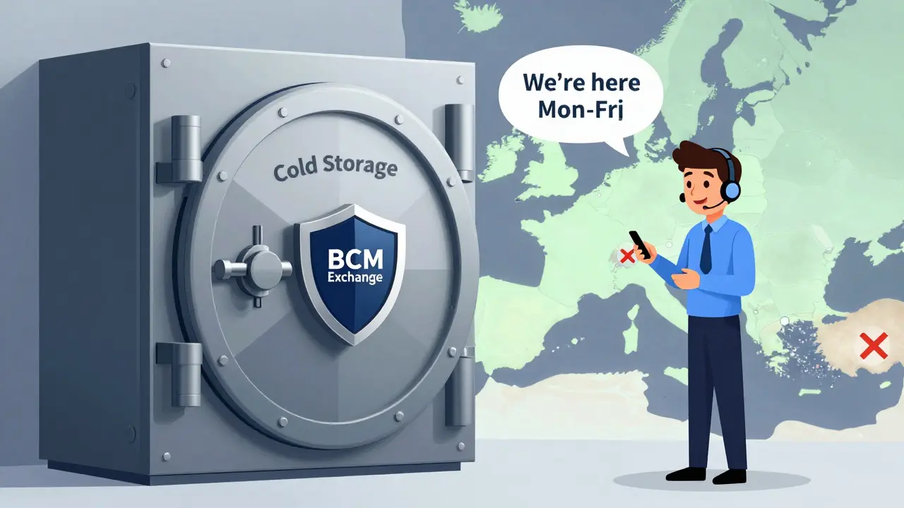 A secure crypto vault guarded by BCM Exchange logo, with customer support nearby and Europe illuminated while US is blocked.