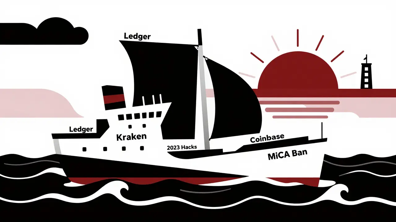 A sinking DOEX ship surrounded by crypto hacks and bans, while safe alternatives sail toward regulatory safety.