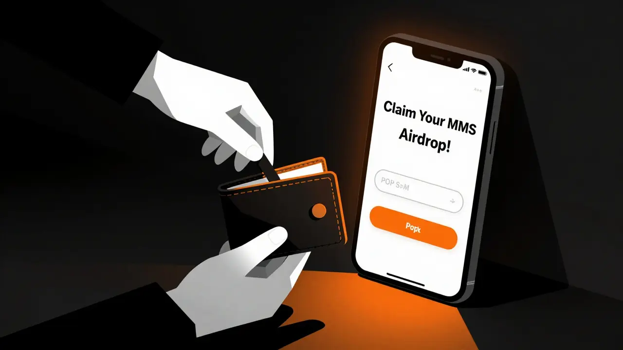 A smartphone displays a fake MMS airdrop popup while shadowy hands reach to steal a wallet.