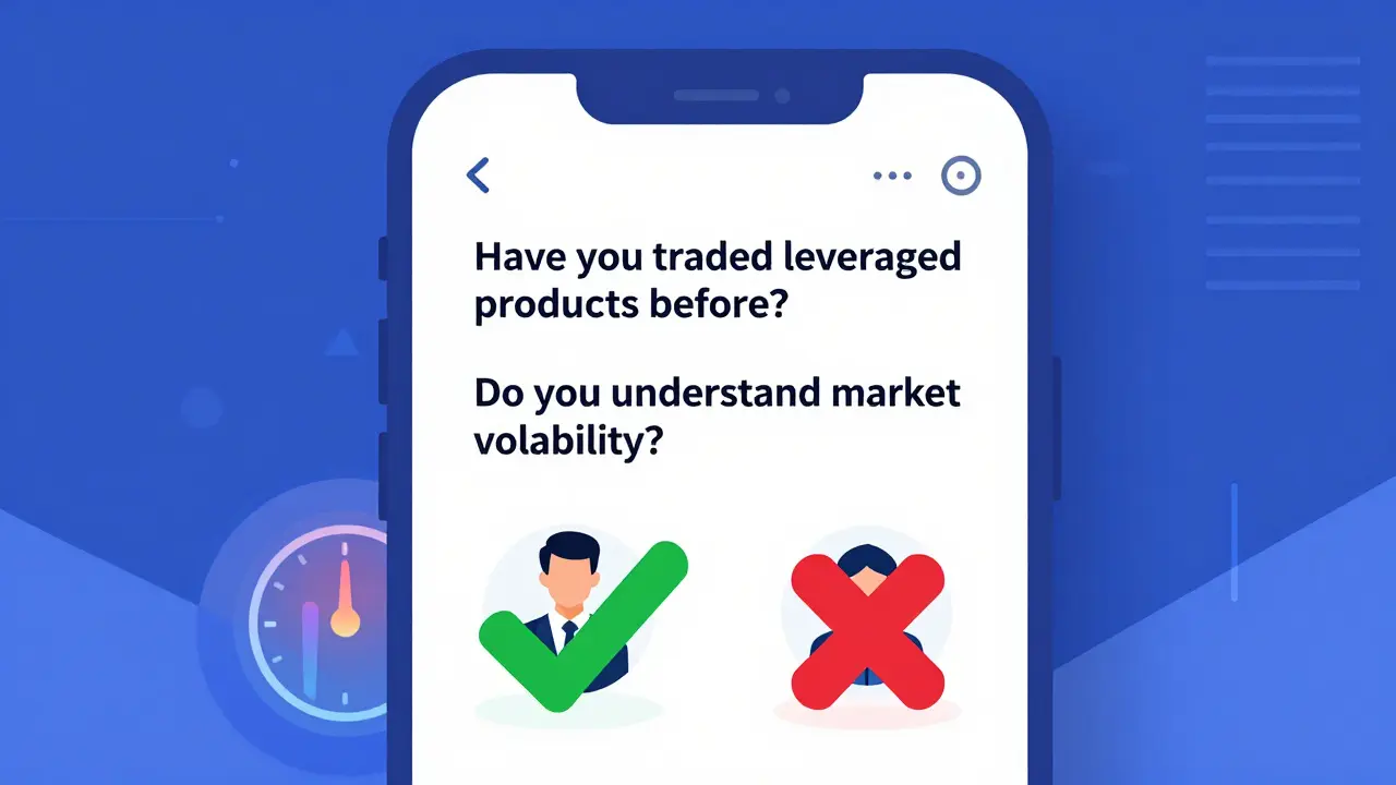 A smartphone showing a pop-up quiz to verify investor experience before allowing crypto ad access.