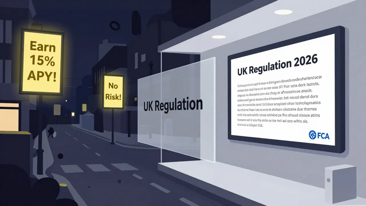 A split scene contrasting chaotic crypto ads with a regulated financial channel under UK rules.