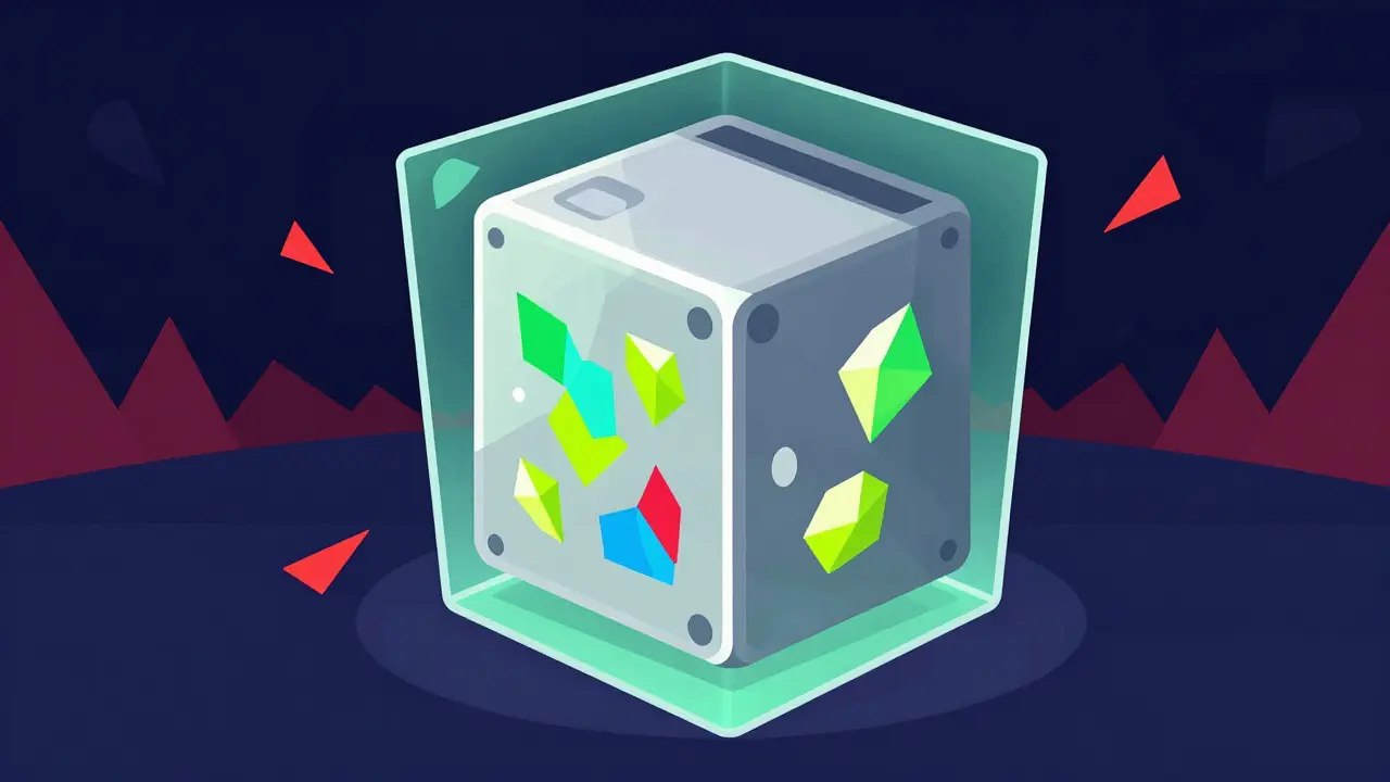 A stylized hardware wallet cube protecting colorful digital art pieces from external threats.