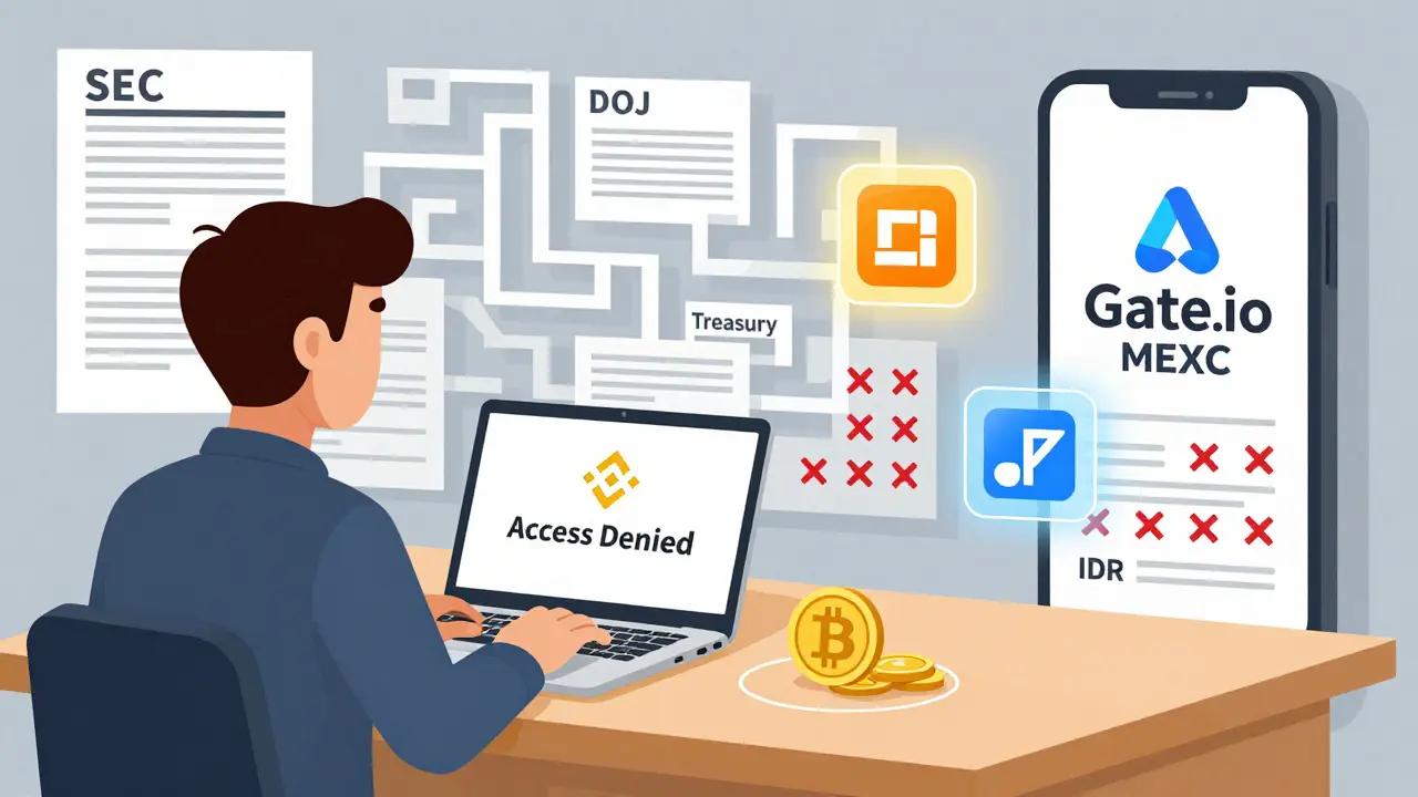 A trader in the U.S. sees blocked Binance access while local exchanges like Gate.io and MEXC appear on phone with regional payment options.
