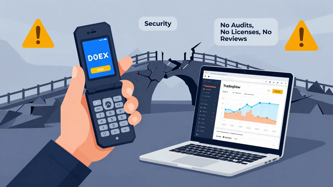 A user comparing a clunky DOEX interface to modern trading platforms, with a crumbling security bridge in the background.
