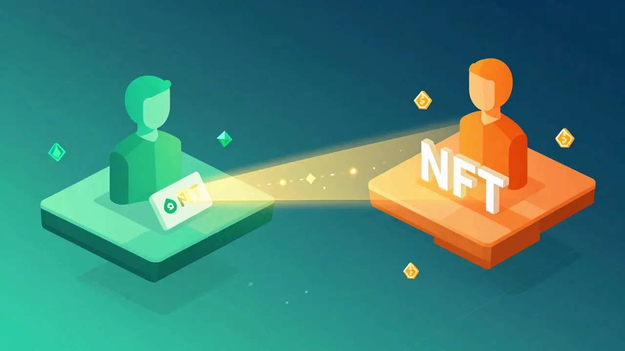 Abstract illustration of tokens transferring between two platforms across a digital network bridge.