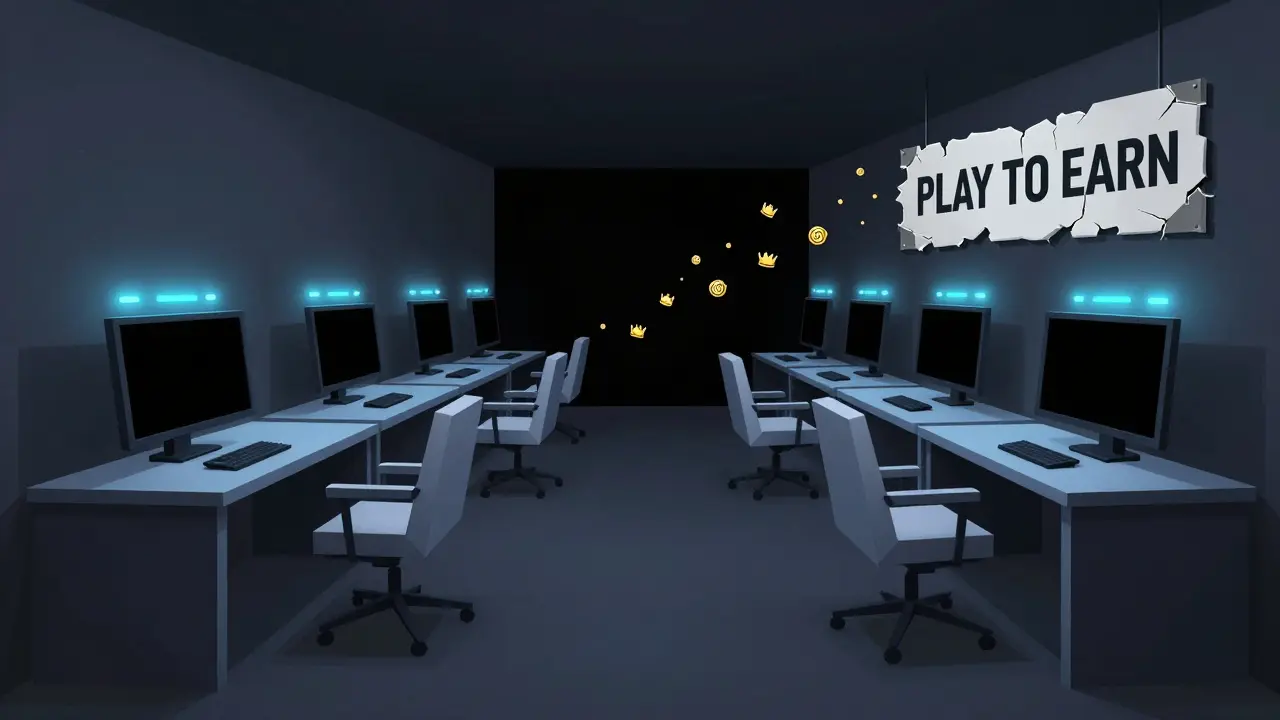 An abandoned game server room with black screens and a fading price tag, tokens vanishing into darkness.