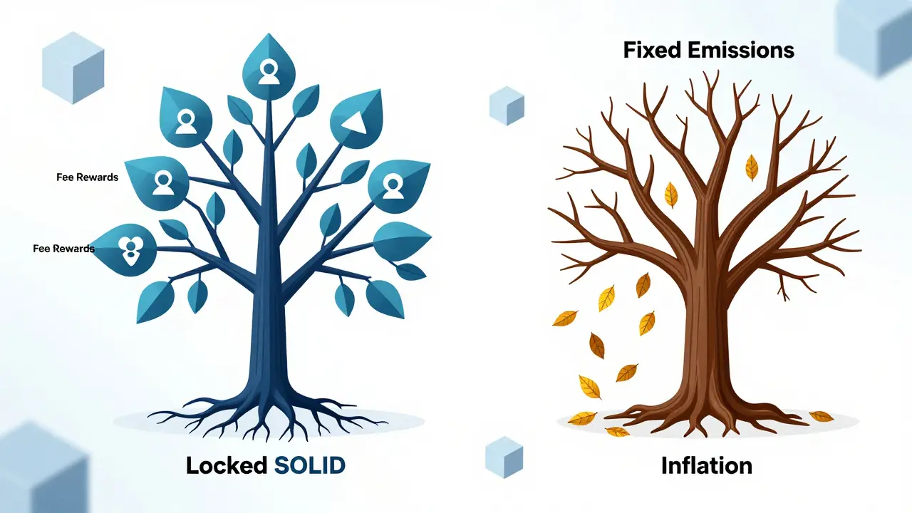 An anti-dilution tree with growing reward leaves versus a withered tree of inflation, set on a blockchain background.
