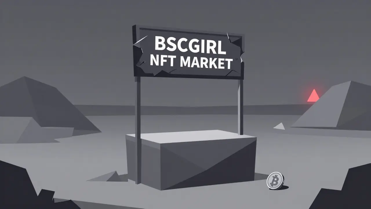 An empty blockchain marketplace stall with a broken sign, alone under a dark sky with a rolling BNB coin.