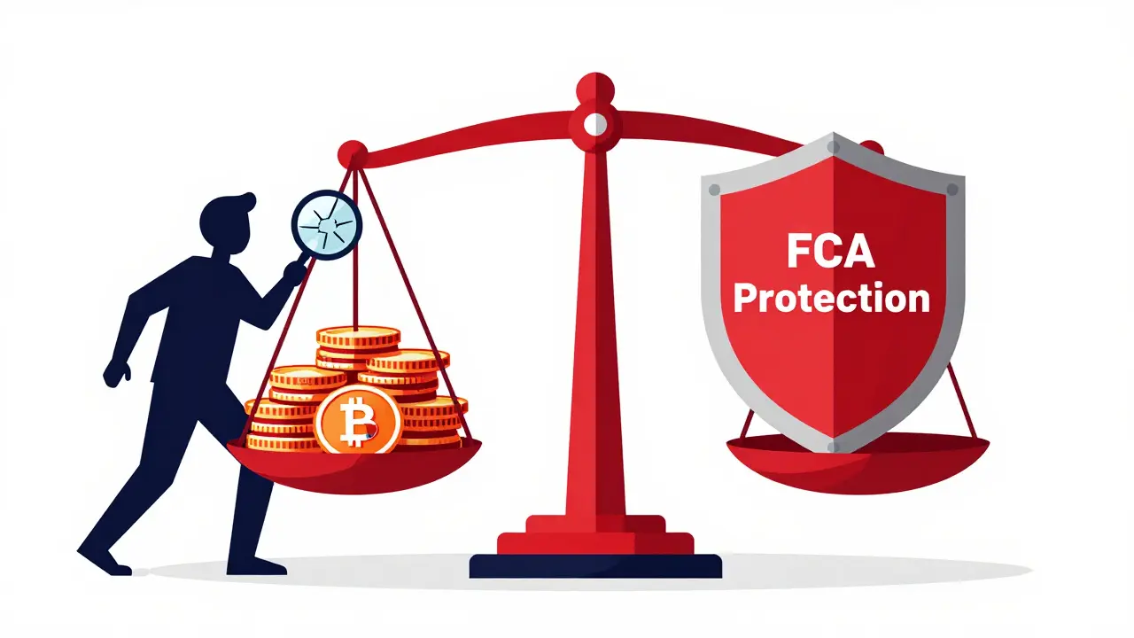 Balance scale showing FCA protection outweighing low crypto fees