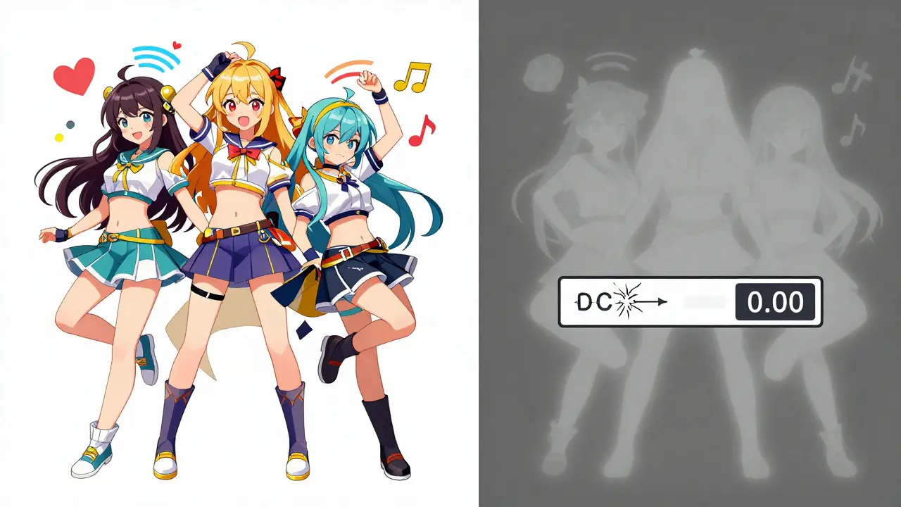 Contrasting vibrant active idol projects against a fading BSCGIRL ghost, symbolizing life versus abandonment.