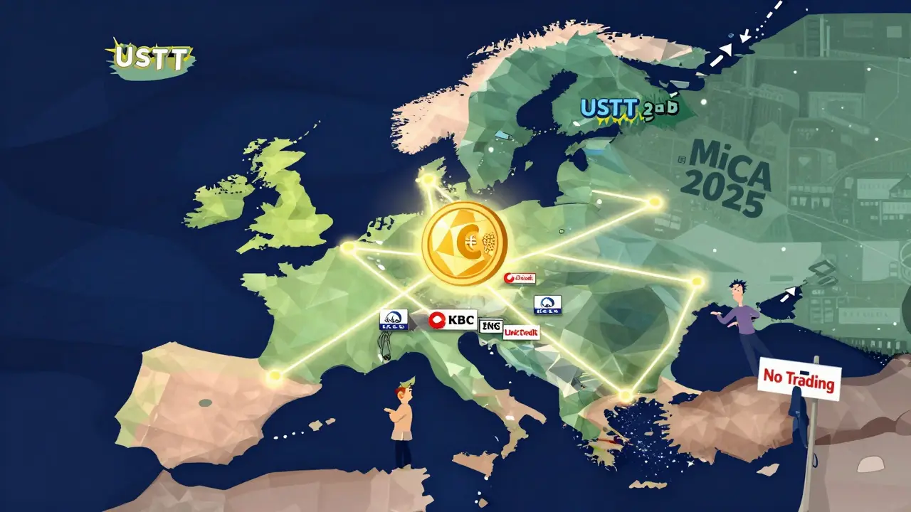 European map with bank network emitting a new euro stablecoin, while USDT arrows are blocked by a MiCA regulatory wall.
