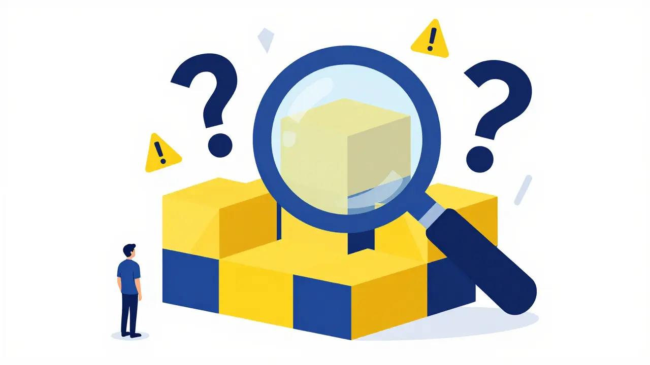 Magnifying glass inspecting blockchain structure with warning symbols.