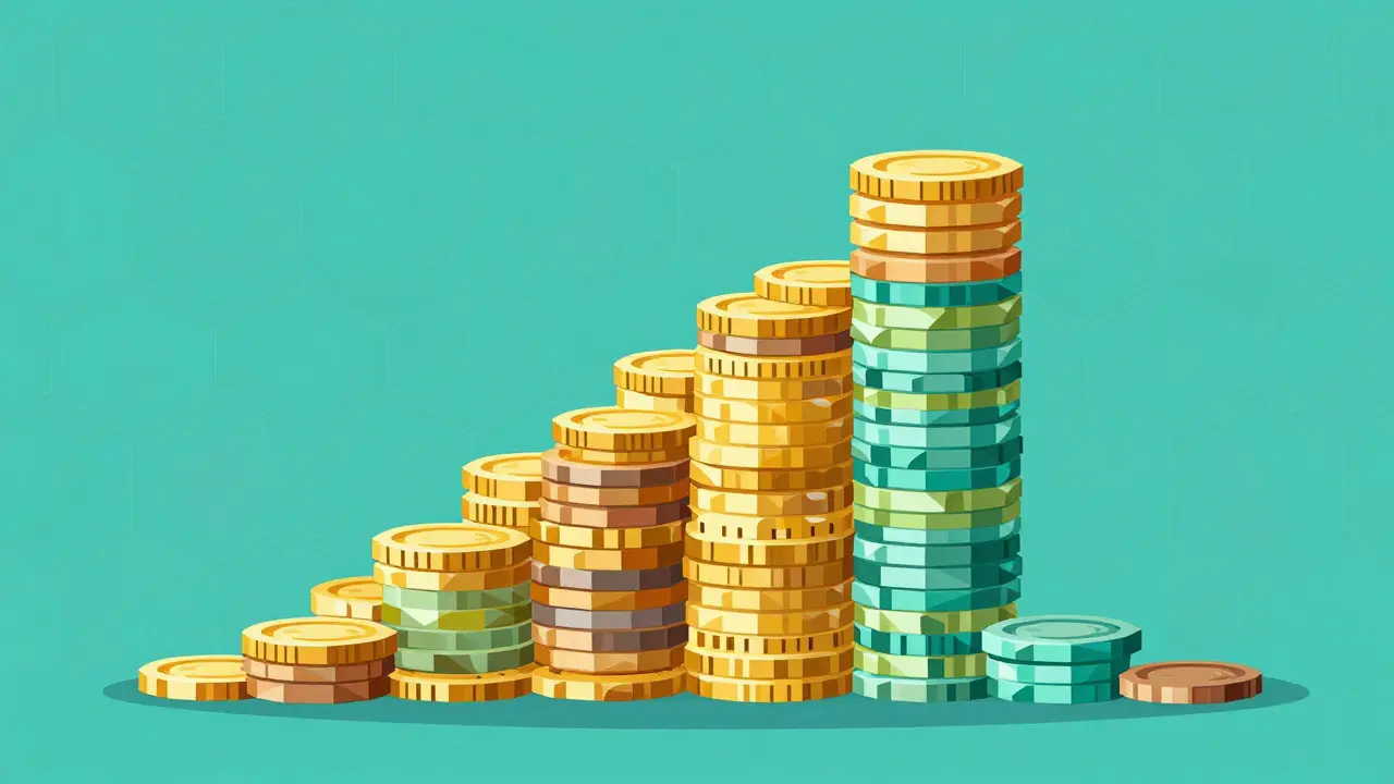 Multicolored geometric coin stack pyramid showing growth