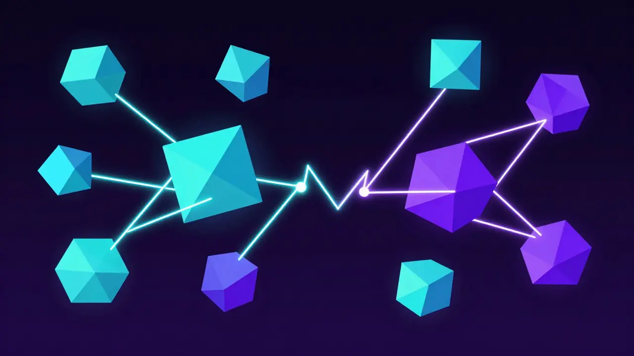 Neon polygonal shapes connected by lines illustrating trade flow