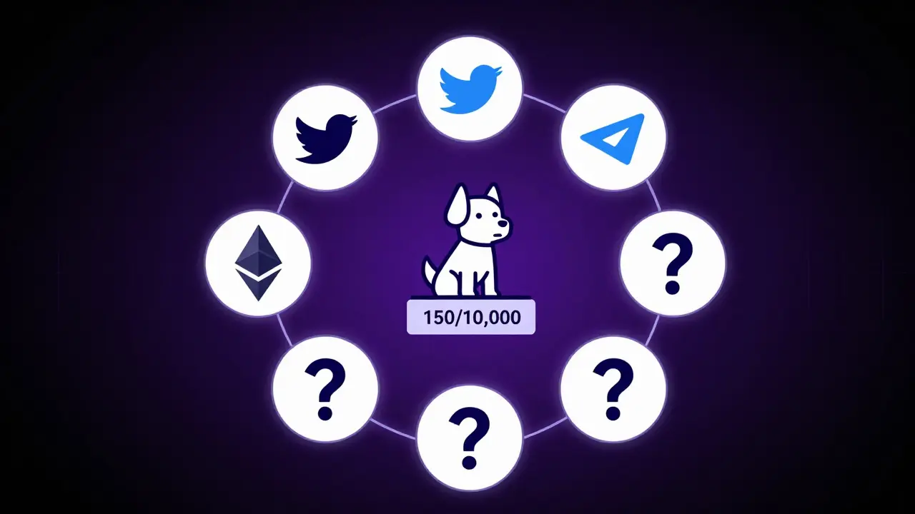 Seven minimalist icons in a circle around a lone NFT dog labeled '150/10,000' on a dark background.