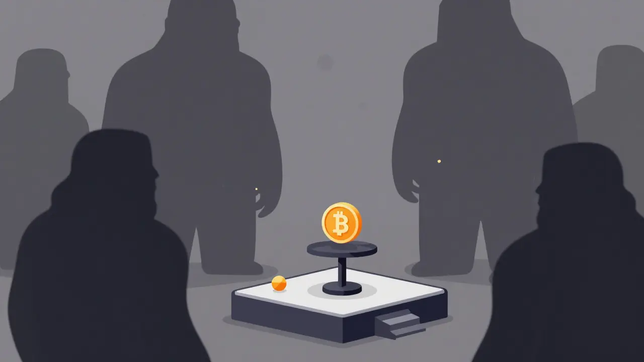 Small trading coin surrounded by large cryptocurrency shadows.