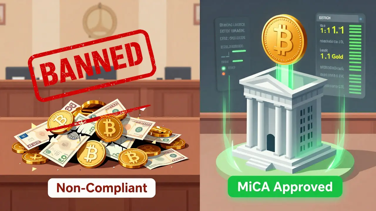 Split scene: chaotic USDT reserves on one side, pristine euro stablecoin with data streams on the other under MiCA approval.