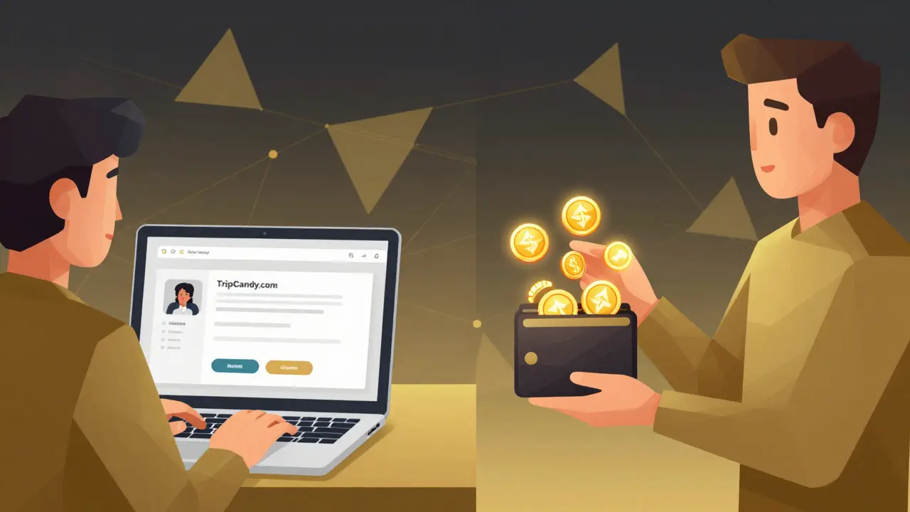 Split-screen scene showing a person booking travel online and receiving CANDY tokens in their digital wallet, with abstract blockchain nodes in the background.