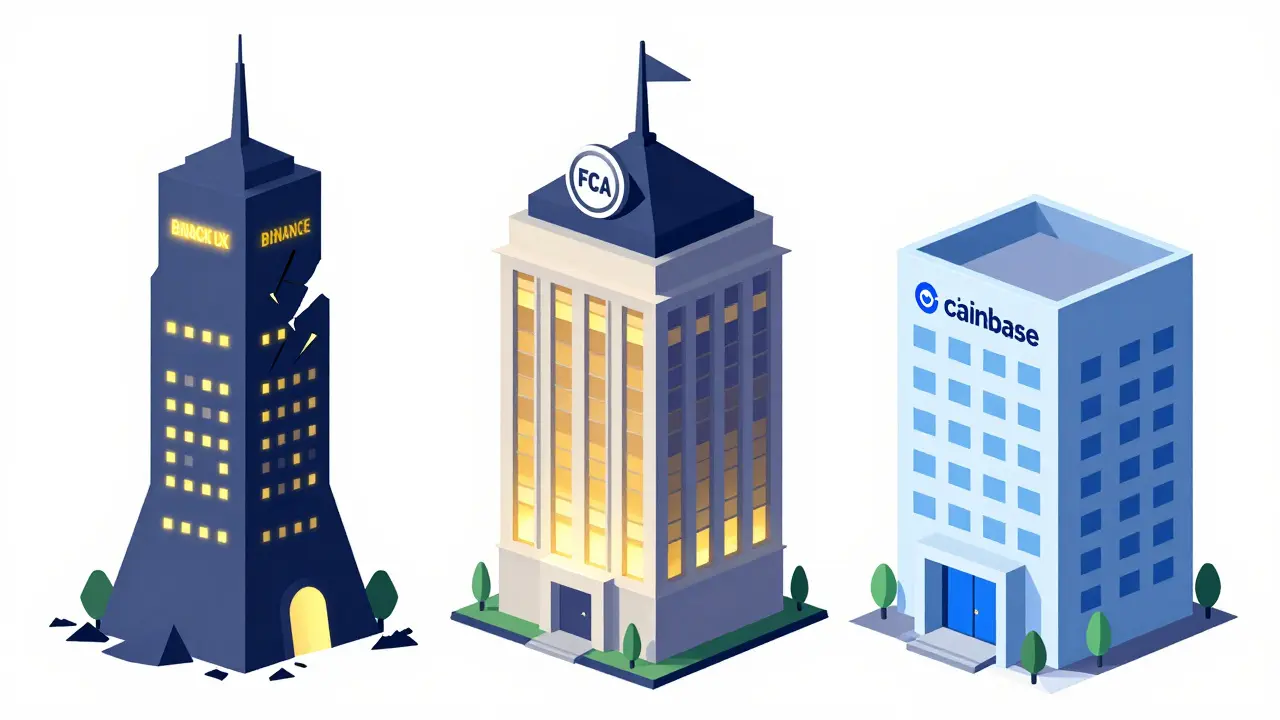 Three geometric buildings representing Binance UK, Kraken, and Coinbase