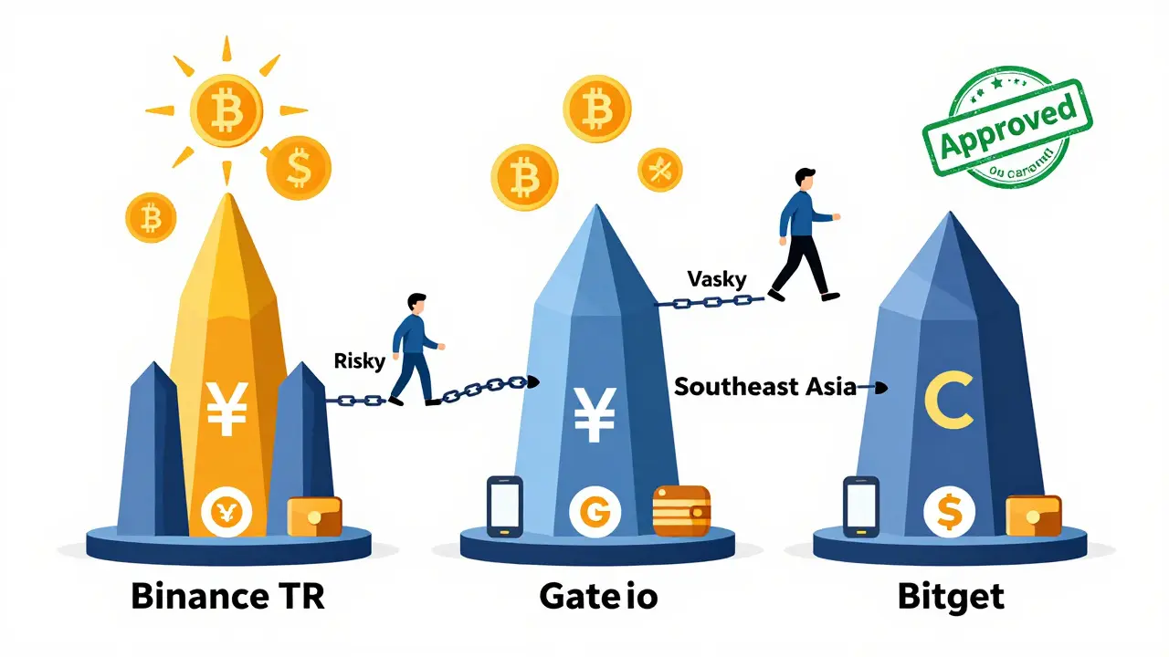 Three regional crypto exchanges represented as towers with local currency icons, spot trading coins rising above, while VPN tunnel breaks.