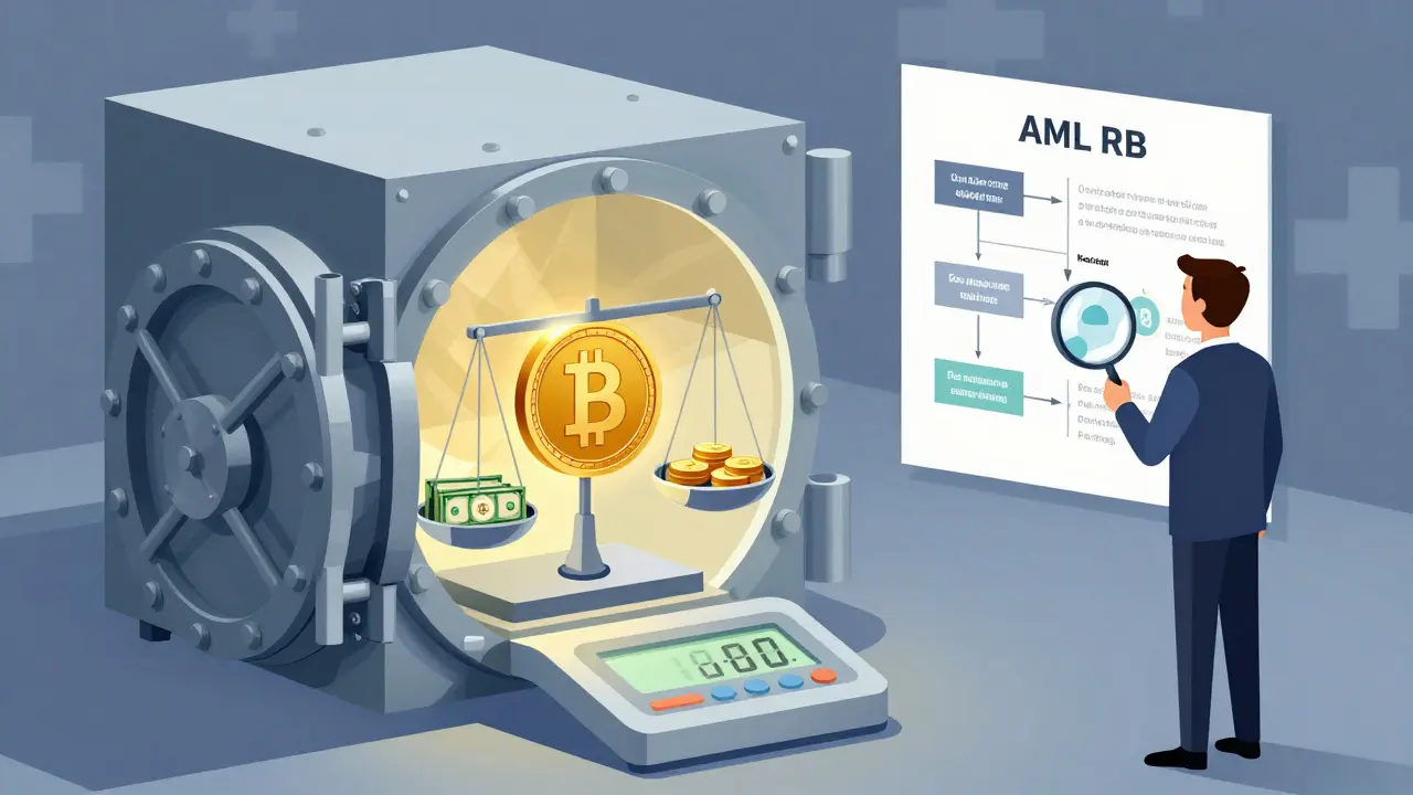 Transparent Swiss vault revealing a stablecoin being weighed with cash and crypto on a digital scale.