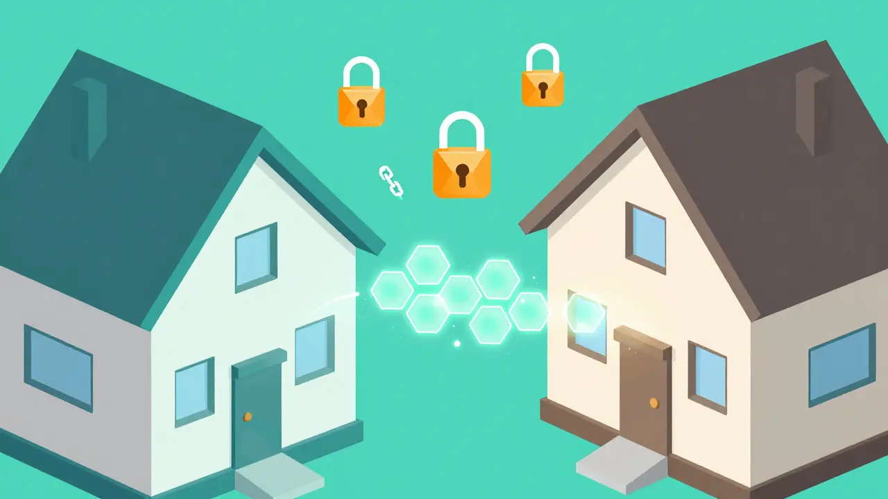 Two homes exchanging energy blocks via digital secure link.