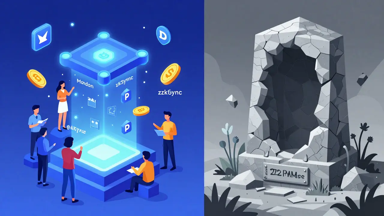 Vibrant active crypto projects contrast with a crumbling MMS monument covered in digital weeds.