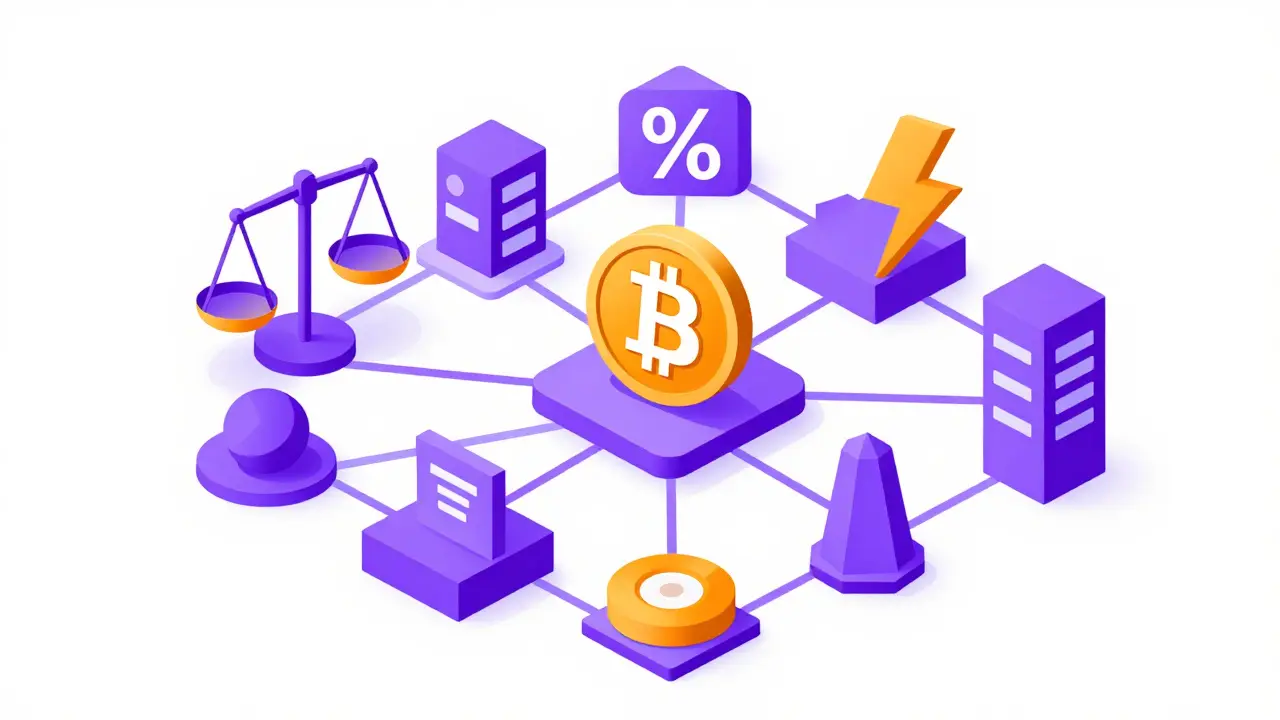 A cbBTC token at the center of a geometric web representing DeFi apps and liquidity pools.
