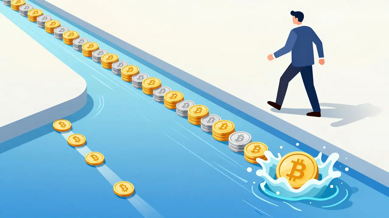 A flowing river of coins symbolizing market depth and a small stream showing slippage.