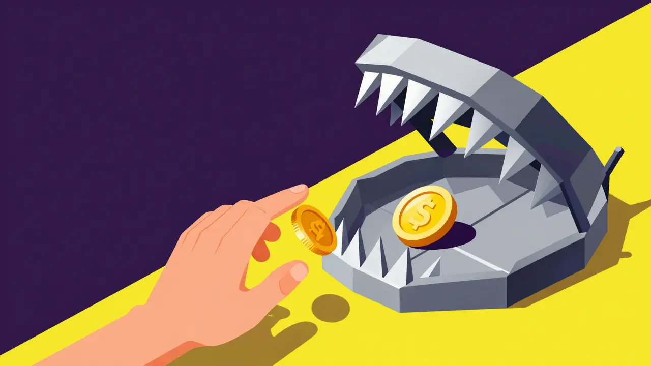 A geometric metallic trap snapping shut on a floating gold coin