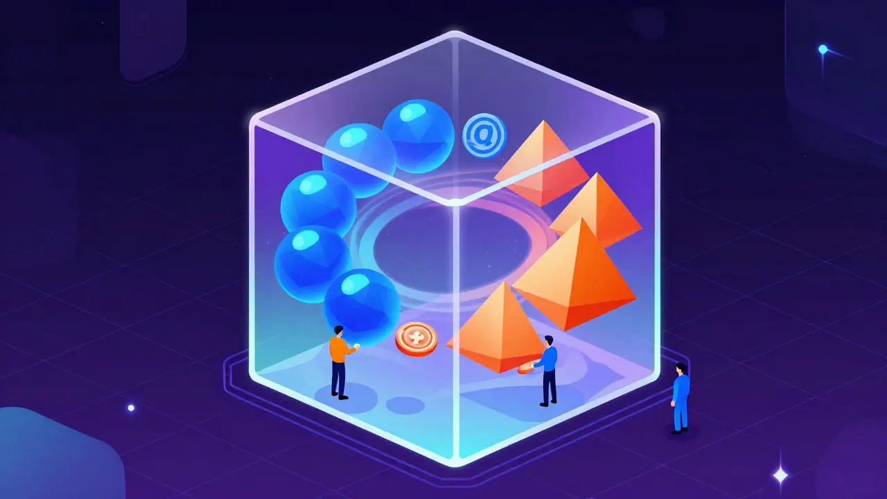 A geometric smart contract cube containing swirling tokens in a DeFi liquidity pool.