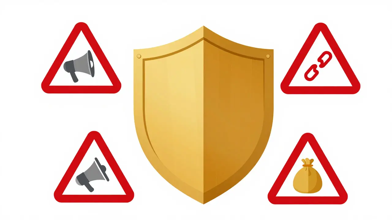 A golden security shield surrounded by red geometric warning signs.