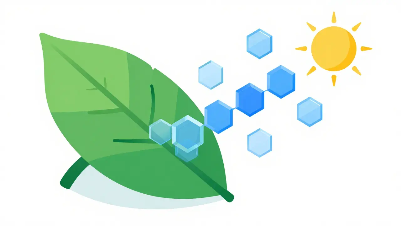 A green leaf transforming into digital hexagonal tokens to represent carbon credit tokenization.