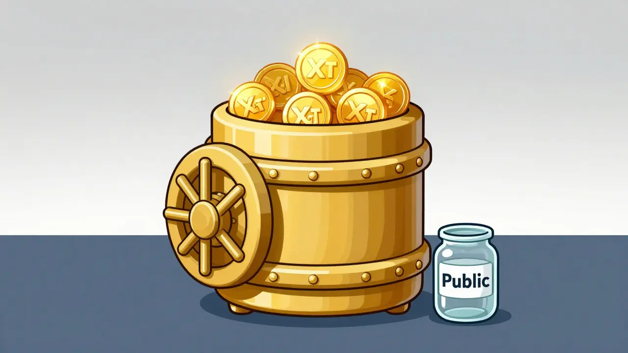 A large gold vault next to a tiny empty jar illustrating token distribution inequality