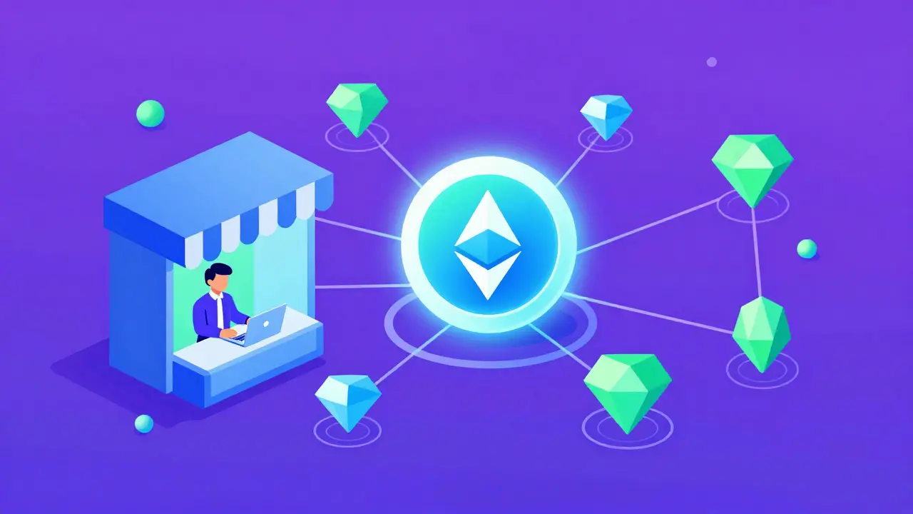 A shop owner using a one-click button to connect to a geometric blockchain network