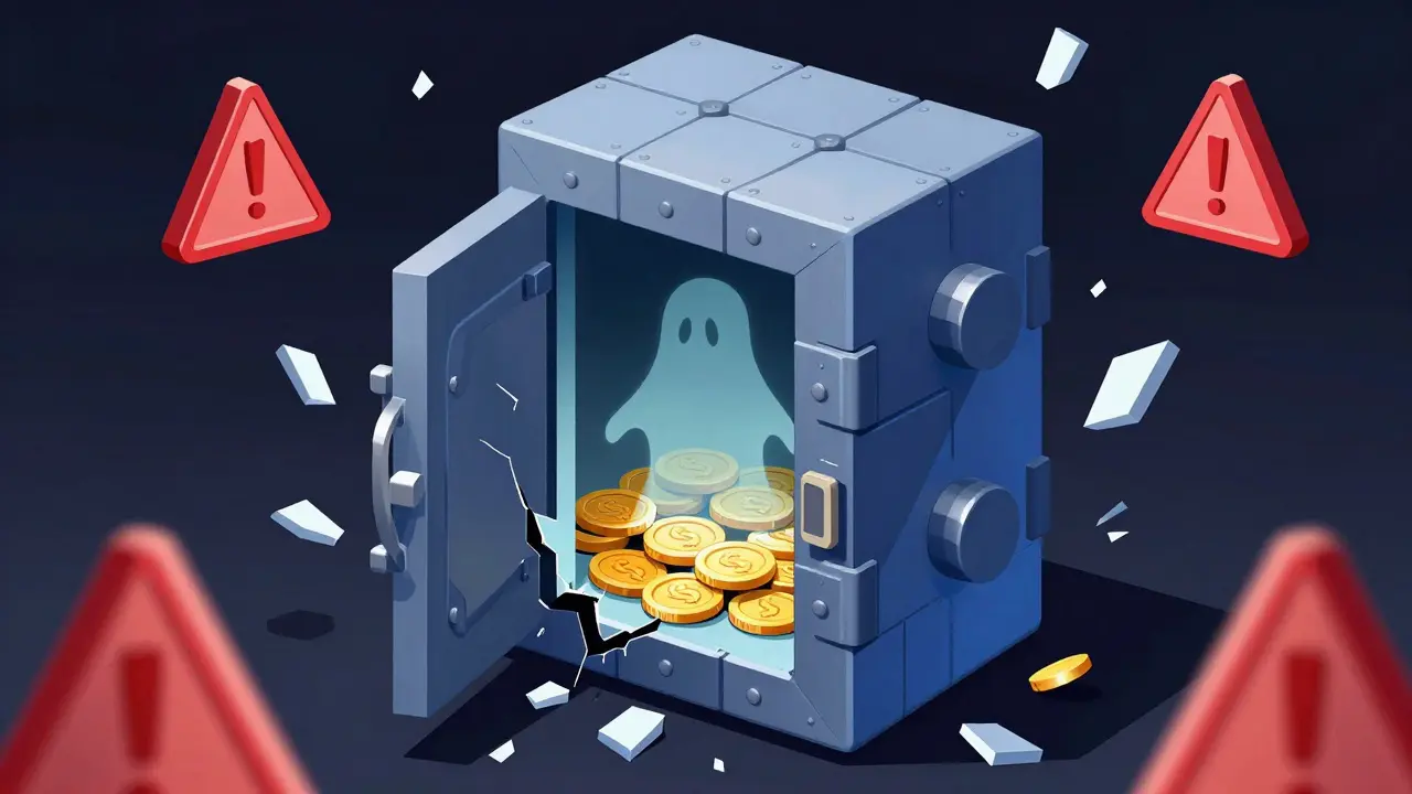 An empty and cracked isometric digital vault with red warning symbols