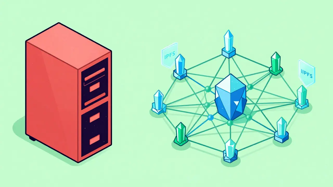 Comparison between a fragile single server tower and a strong decentralized node network.