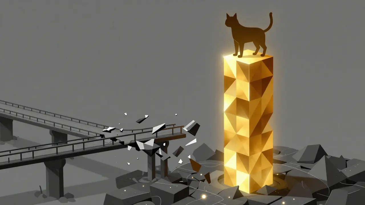 Comparison between a fragmented bridge and a solid golden pillar with a geometric cat.