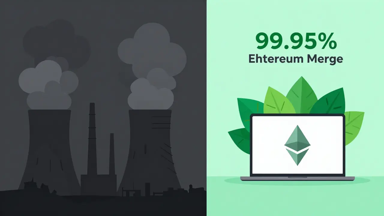 Comparison illustration showing a polluted coal plant versus a clean laptop and green leaves.